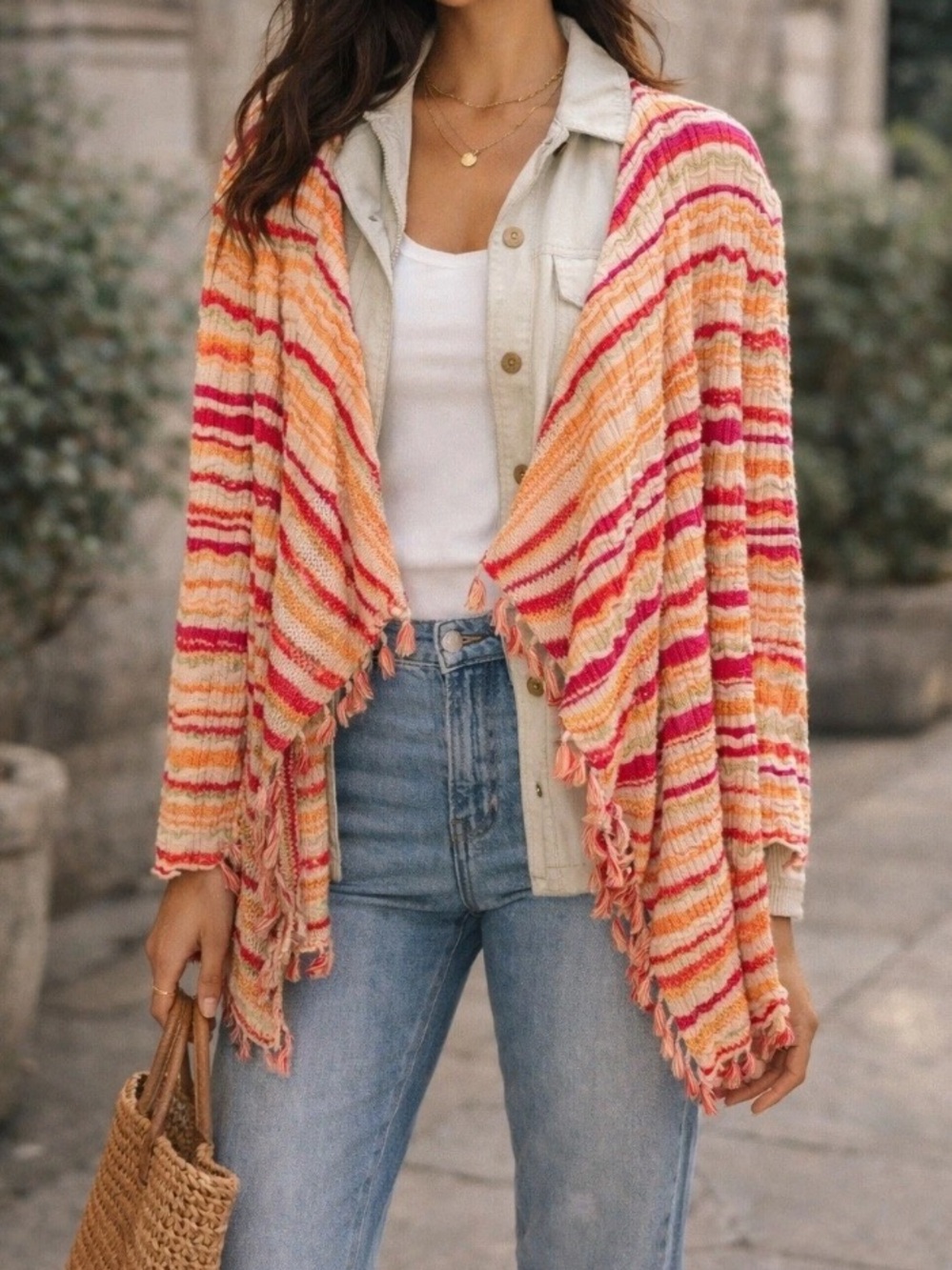 Chico's Pink & Orange Striped Fringe Open-Front Cardigan  Sz 4 XXL